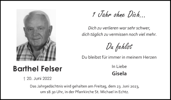 Traueranzeige von Barthel Felser von Zeitung am Sonntag
