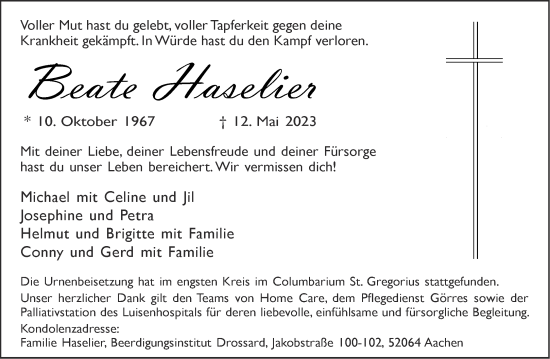Traueranzeige von Beate Haselier von Aachener Zeitung