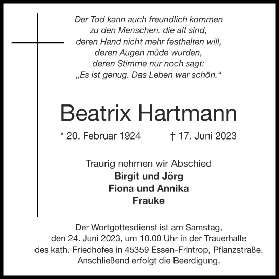 Traueranzeige von Beatrix Hartmann von Aachener Zeitung