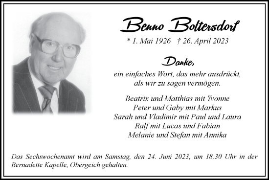 Traueranzeige von Benno Boltersdorf von Zeitung am Sonntag
