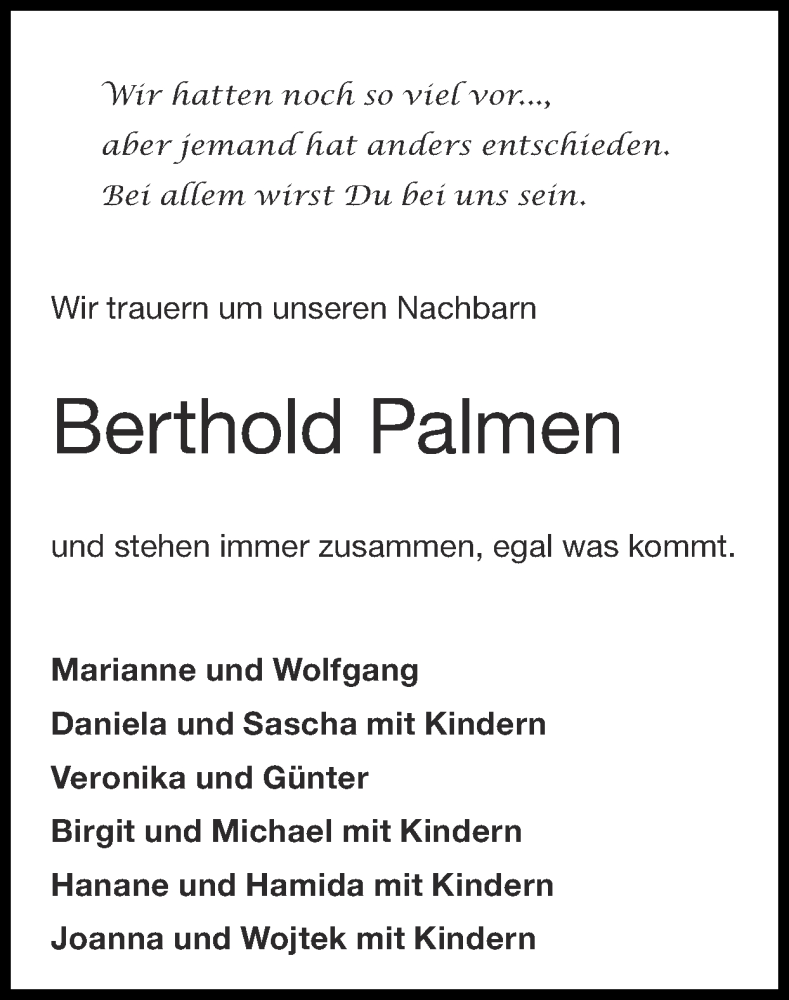  Traueranzeige für Berthold Palmen vom 04.06.2023 aus Zeitung am Sonntag