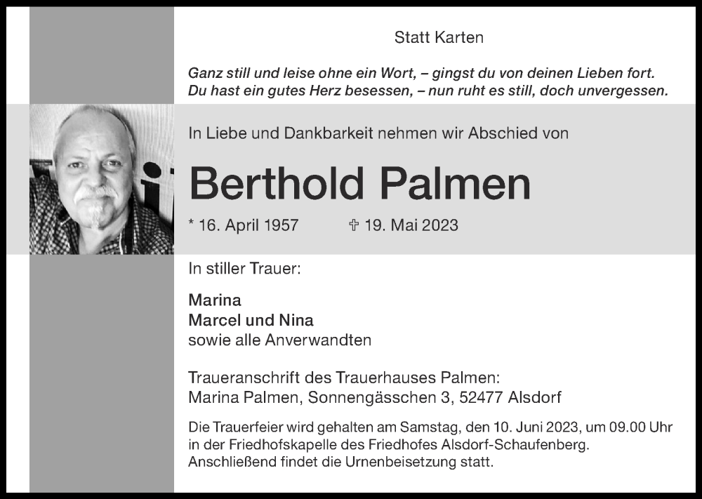  Traueranzeige für Berthold Palmen vom 04.06.2023 aus Zeitung am Sonntag