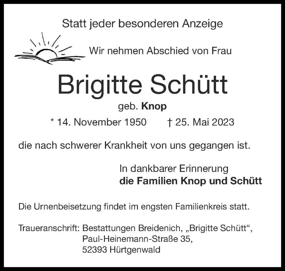  Traueranzeige für Brigitte Schütt vom 04.06.2023 aus Zeitung am Sonntag