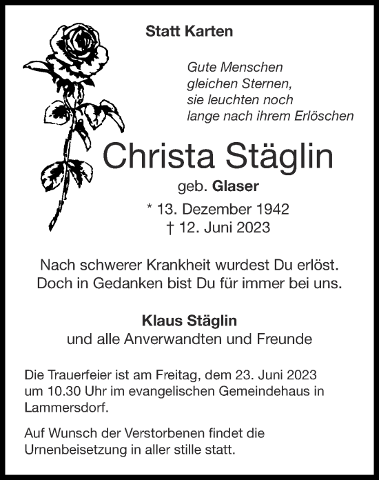 Traueranzeige von Christa Stäglin von Zeitung am Sonntag