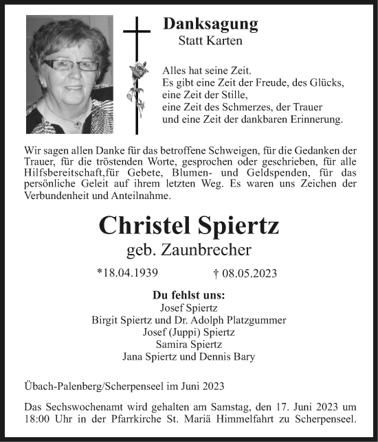 Traueranzeige von Christel Spiertz von Zeitung am Sonntag
