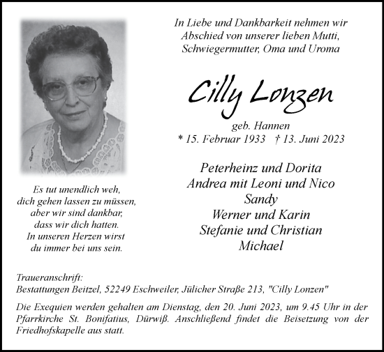 Traueranzeige von Cilly Lonzen von Zeitung am Sonntag
