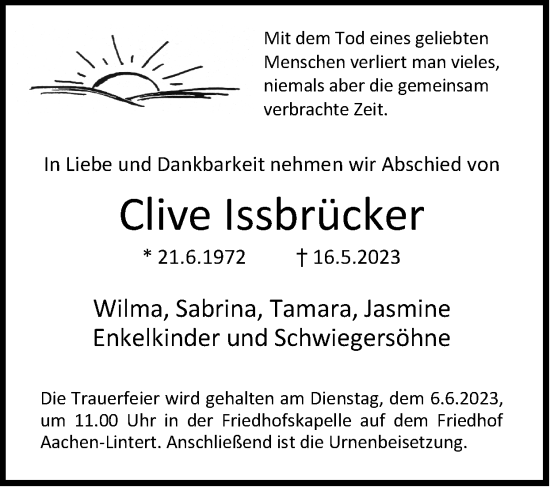Traueranzeige von Clive Issbrücker von Zeitung am Sonntag