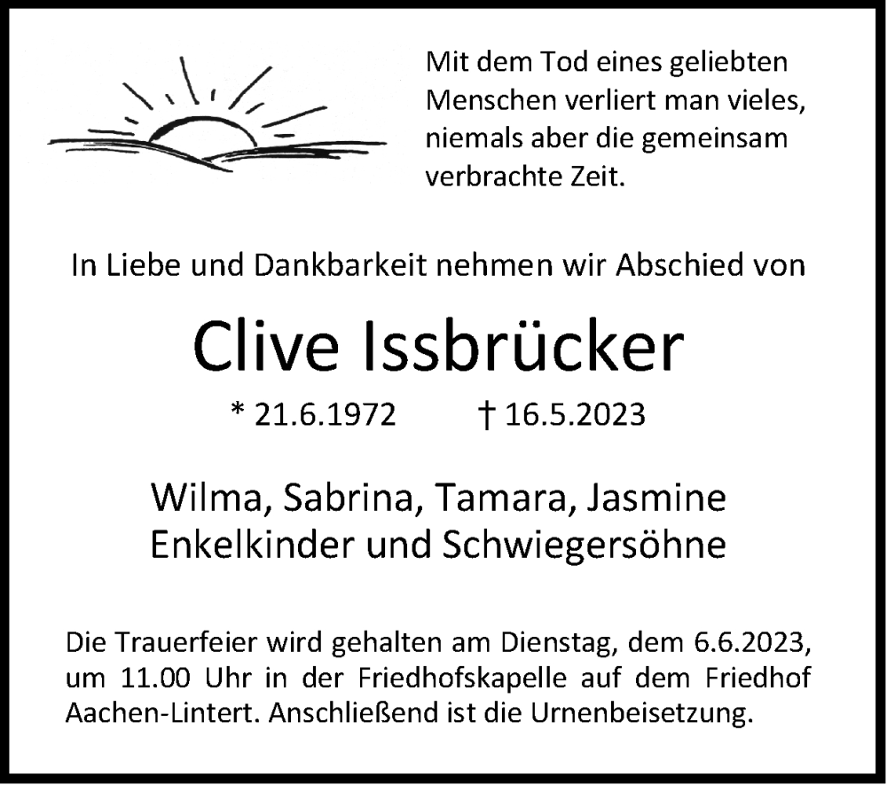  Traueranzeige für Clive Issbrücker vom 04.06.2023 aus Zeitung am Sonntag