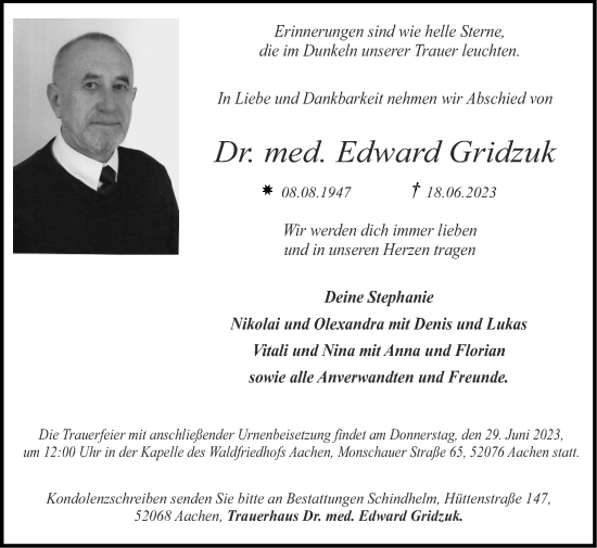 Traueranzeige von Edward Gridzuk von Zeitung am Sonntag