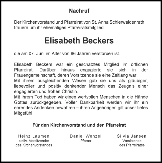 Traueranzeige von Elisabeth Beckers von Zeitung am Sonntag