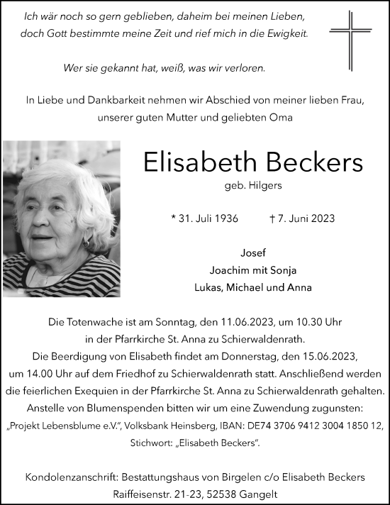 Traueranzeige von Elisabeth Beckers von Zeitung am Sonntag