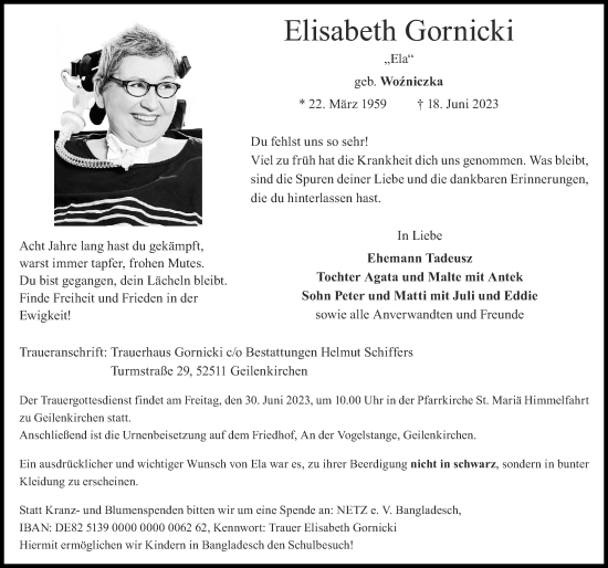 Traueranzeige von Elisabeth Gornicki von Zeitung am Sonntag