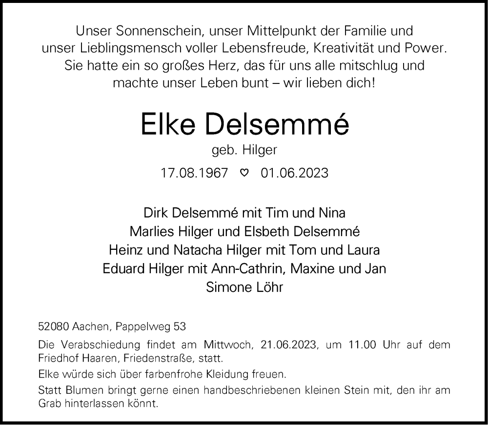  Traueranzeige für Elke Delsemmé vom 17.06.2023 aus Aachener Zeitung
