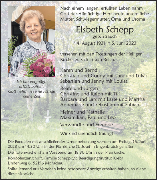 Traueranzeige von Elsbeth Schepp von Aachener Zeitung