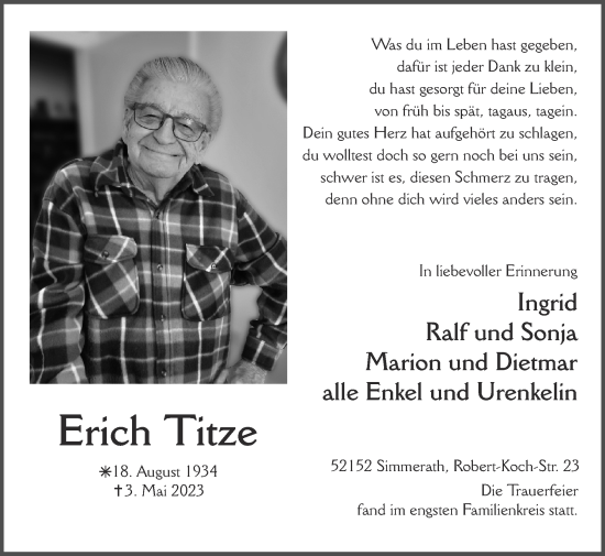 Traueranzeige von Erich Titze von Zeitung am Sonntag