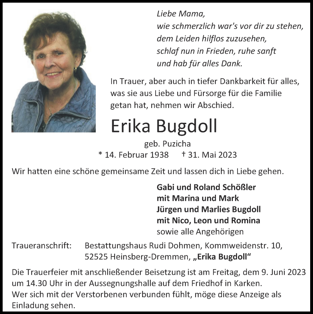  Traueranzeige für Erika Bugdoll vom 04.06.2023 aus Zeitung am Sonntag