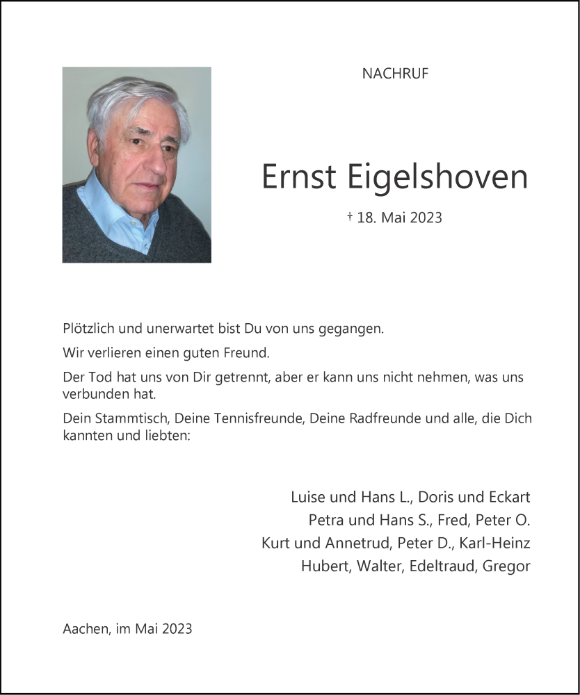  Traueranzeige für Ernst Eigelshoven vom 03.06.2023 aus Aachener Zeitung