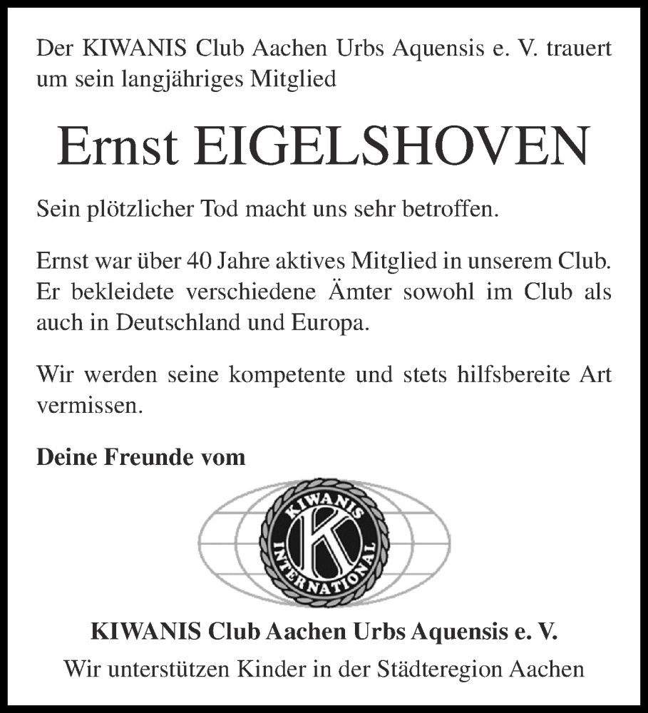  Traueranzeige für Ernst Eigelshoven vom 03.06.2023 aus Aachener Zeitung