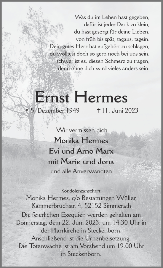 Traueranzeige von Ernst Hermes von Zeitung am Sonntag