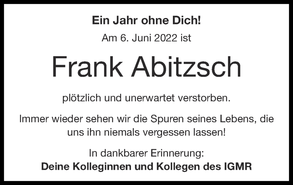  Traueranzeige für Frank Abitzsch vom 11.06.2023 aus Zeitung am Sonntag