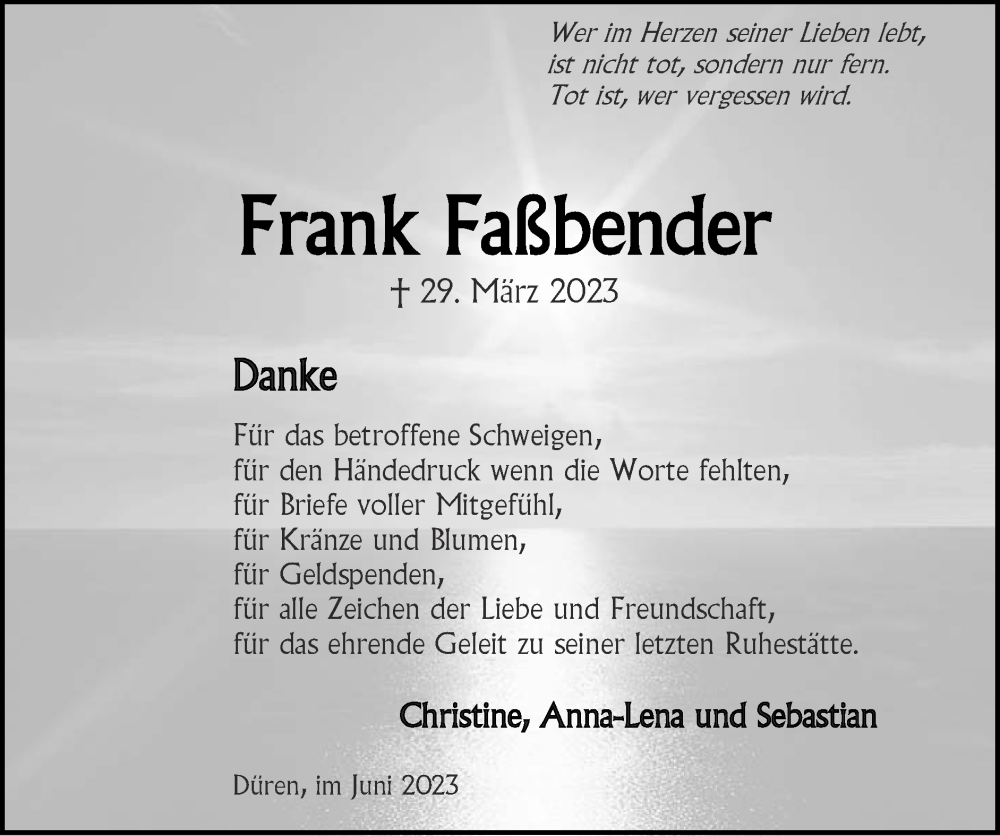  Traueranzeige für Frank Faßbender vom 04.06.2023 aus Zeitung am Sonntag