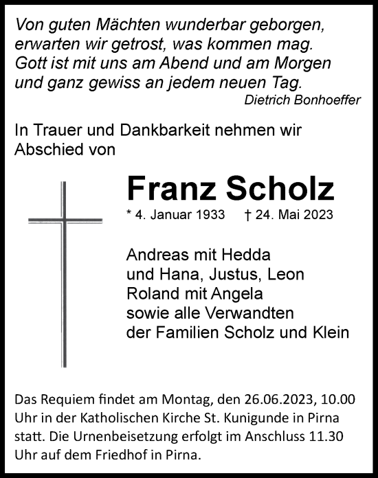 Traueranzeige von Franz Scholz von Zeitung am Sonntag