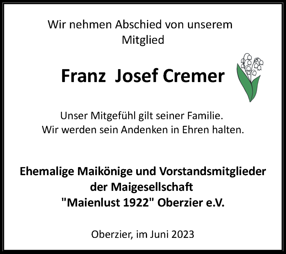  Traueranzeige für Franz Josef Cremer vom 04.06.2023 aus Zeitung am Sonntag