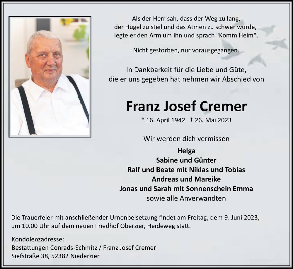  Traueranzeige für Franz Josef Cremer vom 04.06.2023 aus Zeitung am Sonntag