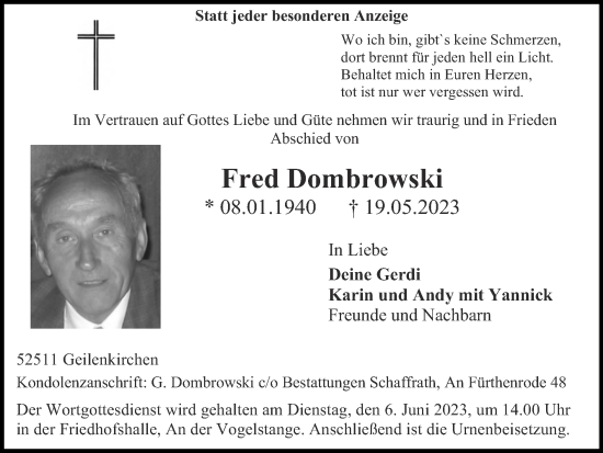 Traueranzeige von Fred Dombrowski von Zeitung am Sonntag
