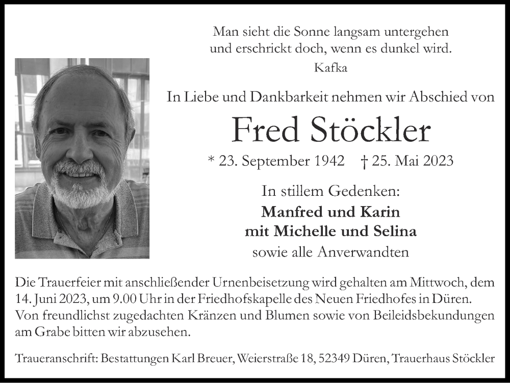  Traueranzeige für Fred Stöckler vom 11.06.2023 aus Zeitung am Sonntag