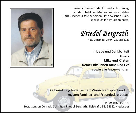 Traueranzeige von Friedel Bergrath von Zeitung am Sonntag