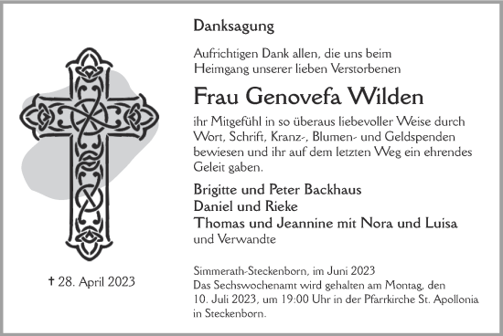 Traueranzeige von Genovefa Wilden von Zeitung am Sonntag