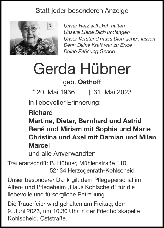 Traueranzeige von Gerda Hübner von Zeitung am Sonntag