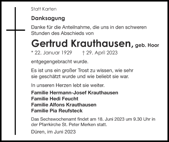 Traueranzeige von Gertrud Krauthausen von Zeitung am Sonntag