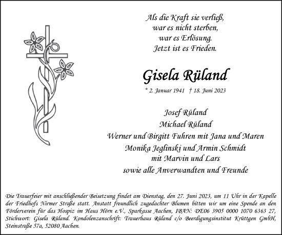 Traueranzeige von Gisefa Rüland von Zeitung am Sonntag