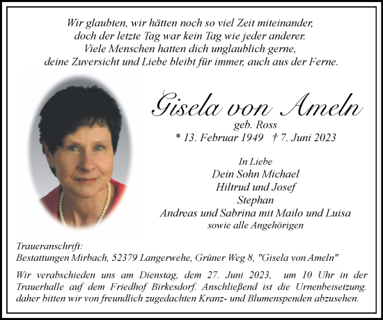 Traueranzeige von Gisela von Ameln von Zeitung am Sonntag