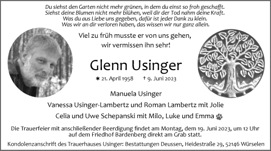 Traueranzeige von Glenn Usinger von Zeitung am Sonntag