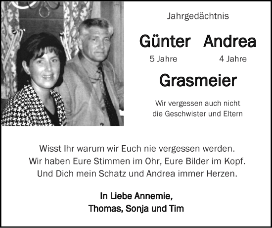 Traueranzeige von Günter und Andrea Grasmeier von Zeitung am Sonntag