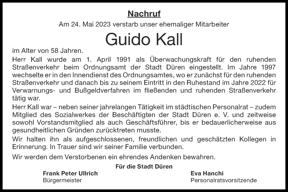  Traueranzeige für Guido Kall vom 04.06.2023 aus Zeitung am Sonntag