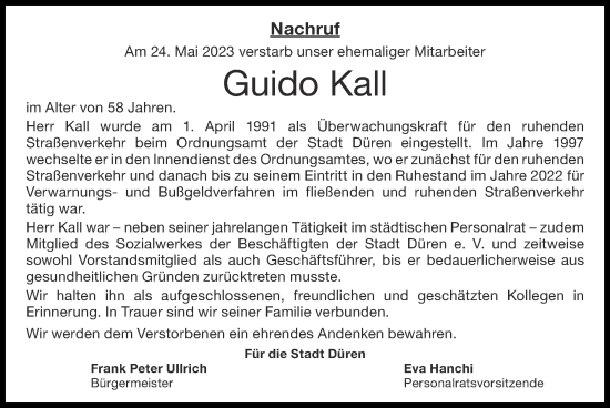 Traueranzeige von Guido Kall von Zeitung am Sonntag
