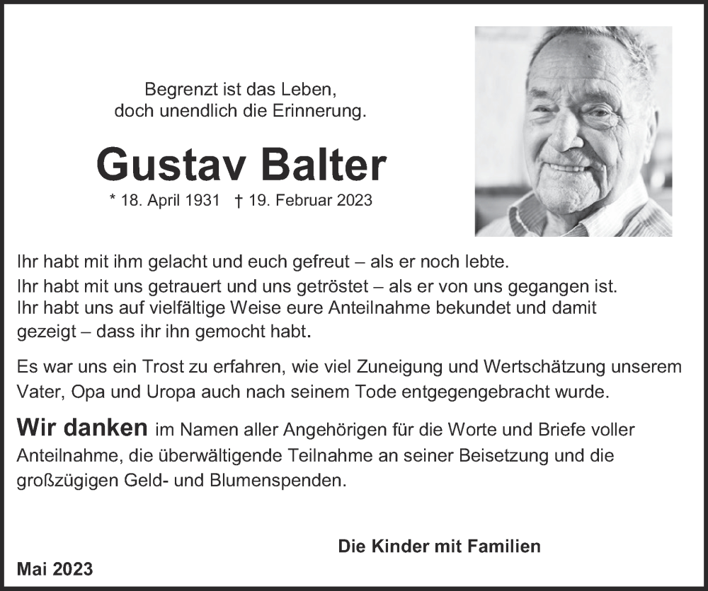  Traueranzeige für Gustav Balter vom 11.06.2023 aus Zeitung am Sonntag