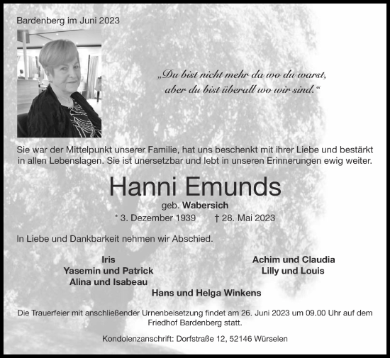 Traueranzeige von Hanni Emunds von Zeitung am Sonntag