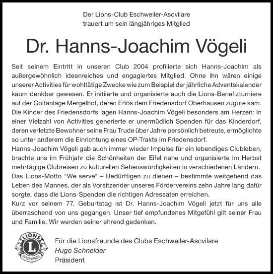 Traueranzeige von Hanns-Joachim Vögeli von Zeitung am Sonntag