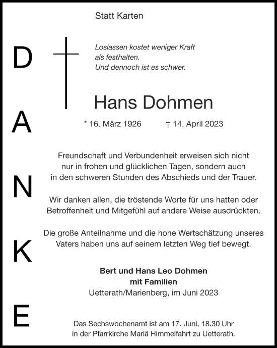 Traueranzeige von Hans Dohmen von Zeitung am Sonntag