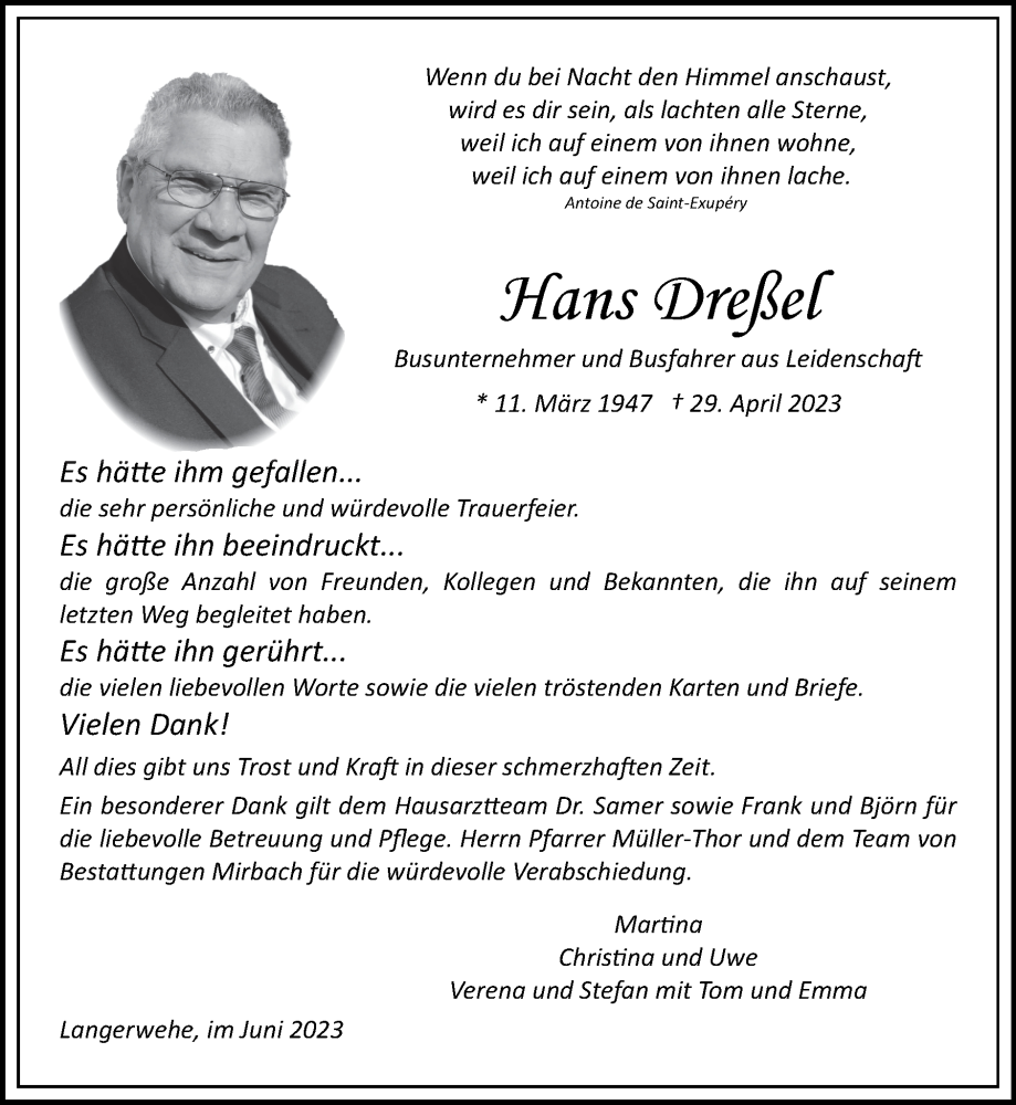  Traueranzeige für Hans Dreßel vom 04.06.2023 aus Zeitung am Sonntag