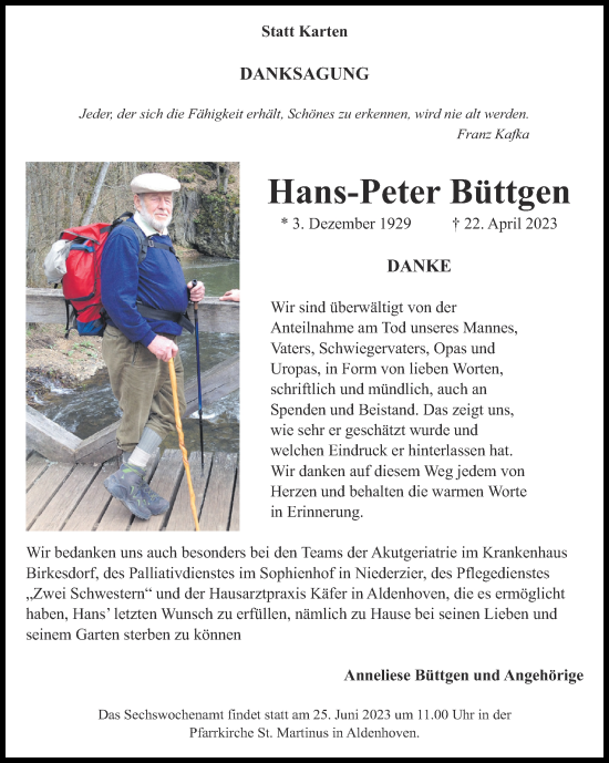 Traueranzeige von Hans-Peter Büttgen von Zeitung am Sonntag