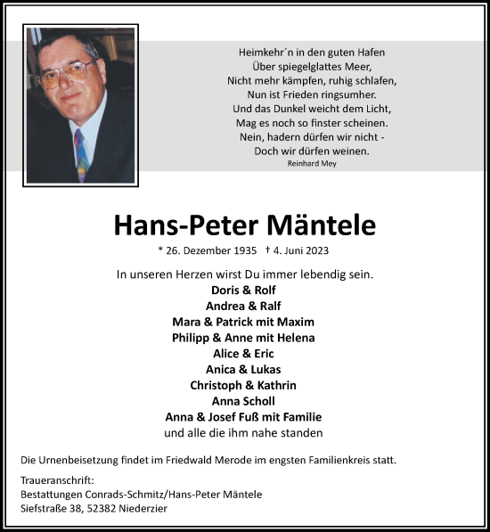 Traueranzeige von Hans-Peter Mäntele von Zeitung am Sonntag