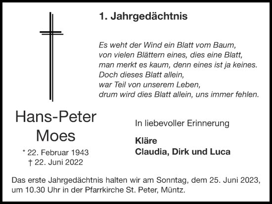Traueranzeige von Hans-Peter Moes von Zeitung am Sonntag