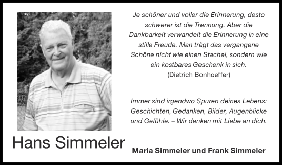 Traueranzeige von Hans Simmeler von Zeitung am Sonntag