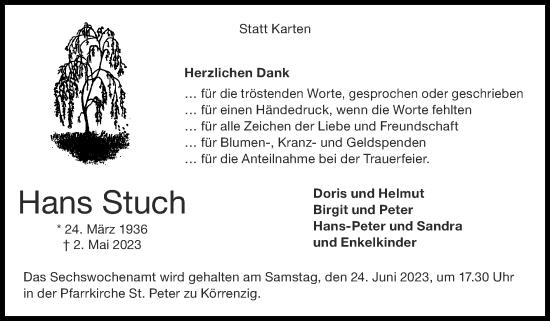 Traueranzeige von Hans Stuch von Zeitung am Sonntag